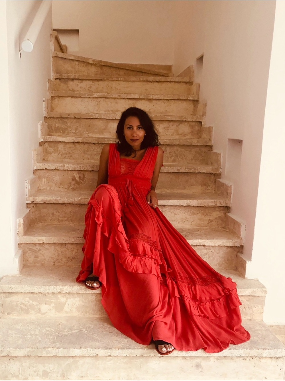 Free People Red Ruffle Lace Trim V-Neck Sleeveless Maxi Dress Tie Waist XS - Picture 1 of 3